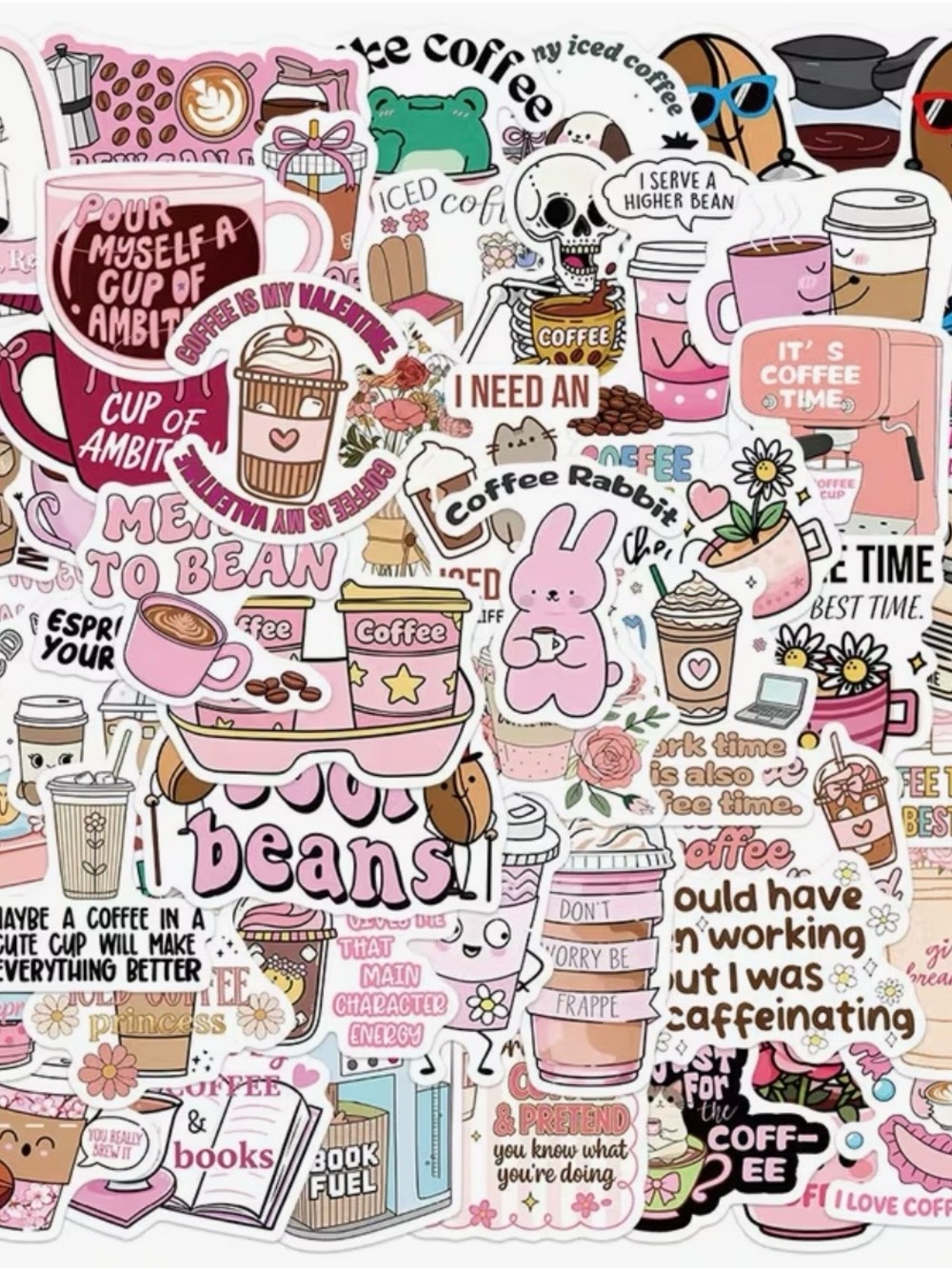 50 Pink Coffee Stickers Fun Sayings Cute Designs Latte Books Java Lover